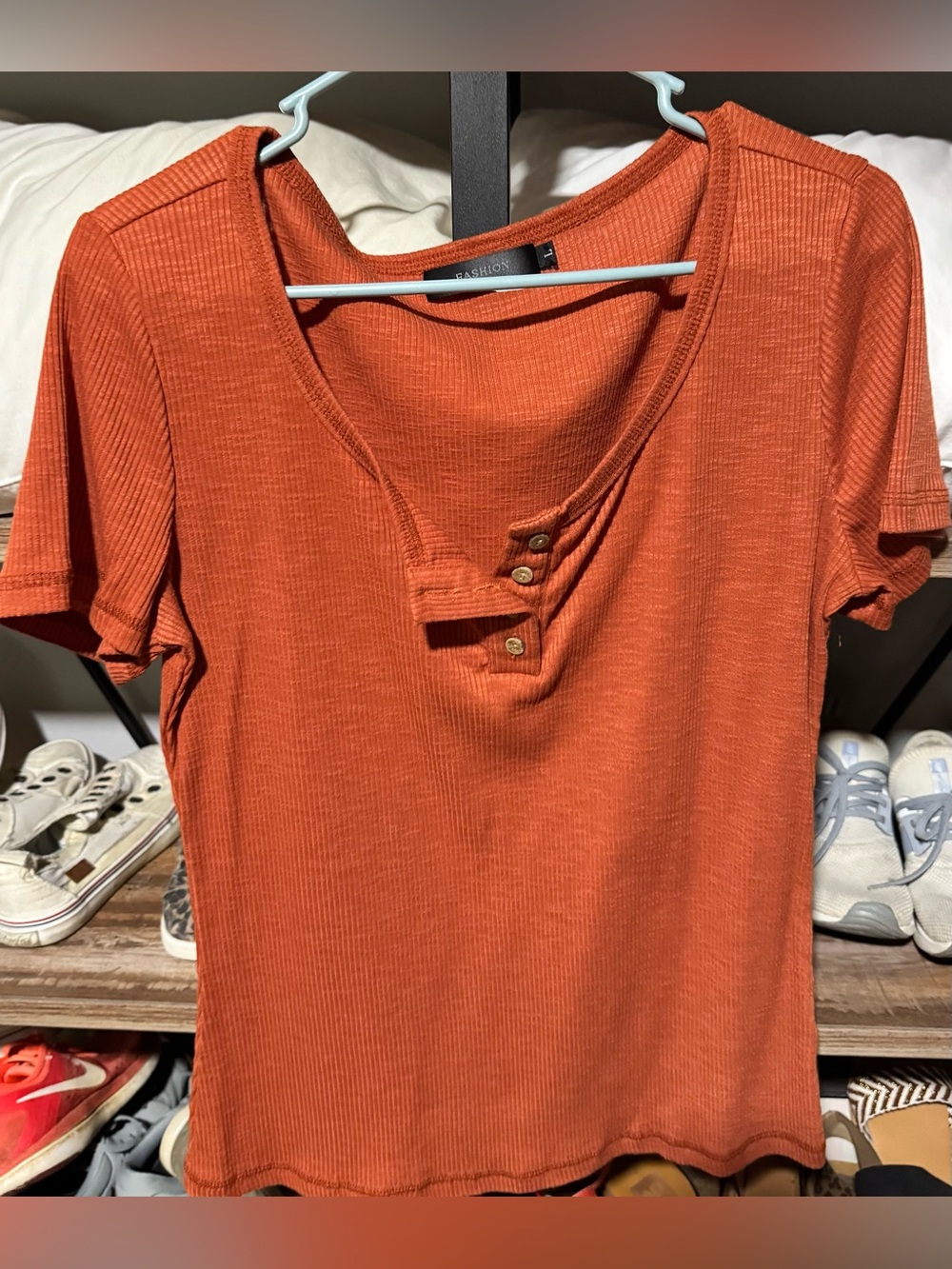 Amazon Women's Ribbed Short Sleeve Top in Rust